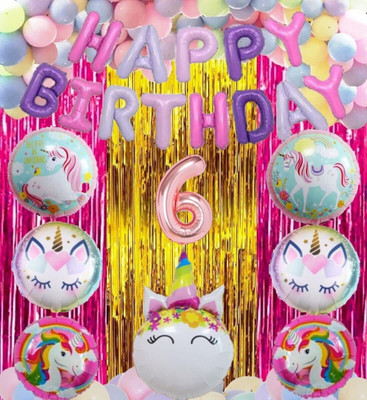 Prihit No 6 Rose Gold Balloons with Unicorn Party Theme Birthday Decoration Items Kit(Set of 64)