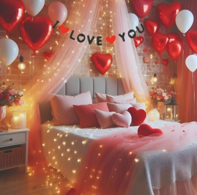 FLIPZONE Solid I Love You Banner Heart Backdrop with Fairy LED Lights(Set of 27)