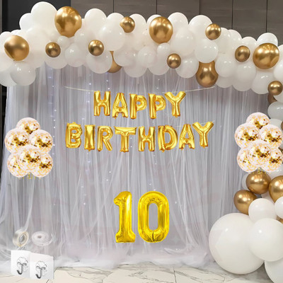 DECOR SPARKS 83pcs 10Year Birthday White Gold Balloons, Banner, Lights & Curtains(Set of 1)