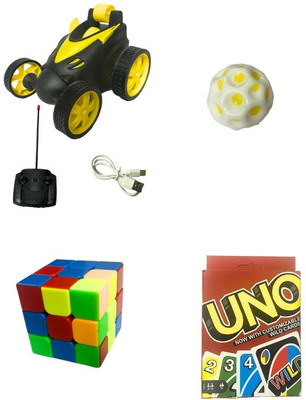 LAV Birthday Combo of Rechargeable Stunt Car, Uno Card, Rubiks Cube, Bounce Ball(Yellow)