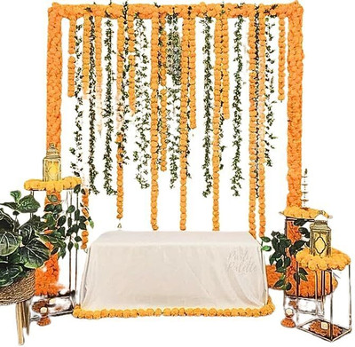 PARTY MIDLINKERZ 10 Pcs Genda Phool Garlands String & 5 Pcs Green Leaf String for Home decoration(Set of 15)