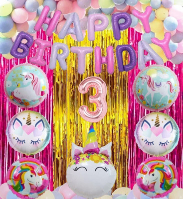 Prihit No 3 Rose Gold Balloons with Unicorn Party Theme Birthday Decoration Items Kit(Set of 64)