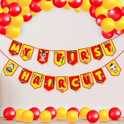 ZYOZI My First Hair Cut / Mundan Ceremony Decorations -Banner & Balloons (Pack Of 26)