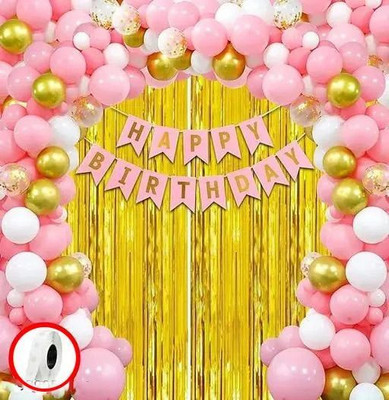 PARTY MIDLINKERZ Pink Theme Birthday Decoration Kit Set Item Combo for Girls, WIfe(Set of 34)