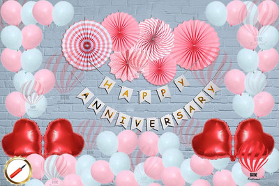 Nisha Enterprises Pack Of 62 Pcs White Happy Anniversary Banner With Balloons Heart Foil