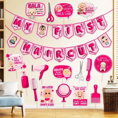 ZYOZI My First Hair Cut Decorations Set For Girl- Banner & Photo Booth (Pack Of 17)(Set of 17)