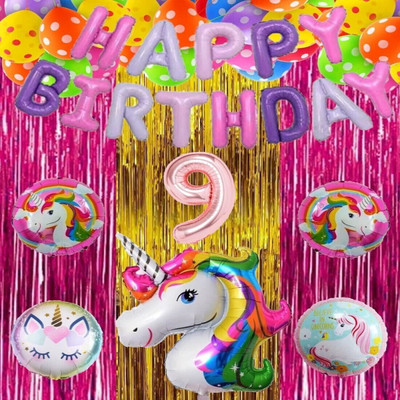 Raaz Baaz NEW-No 9 Rose Gold Balloons with Unicorn Theme Birthday Decoration Kit Item Set(Set of 50)