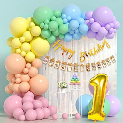 ARV First Birthday Multi Color Birthday Decorations Kit with White Net and Led Light(Set of 60)
