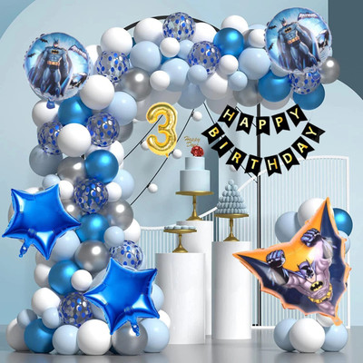 Aoes Batman Theme 3rd Birthday Decoration Kit Blue & Silver Balloon Garland for Kids(Set of 53)