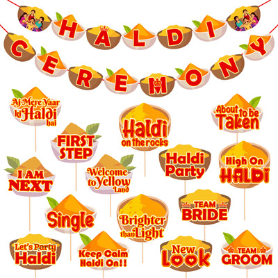 ZYOZI 15 Pcs Haldi Props for Photoshoot & 1 Pcs Haldi Banner for Haldi Ceremony(Set of 16)