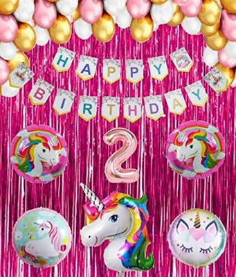 PARTY MIDLINKERZ No 2 Rose Gold Balloon with Unicorn Theme Birthday Decoration Kit Items for Girl