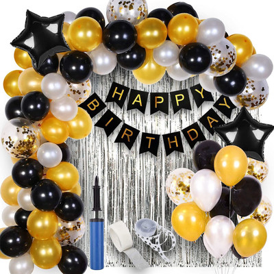 PARTY MIDLINKERZ Solid Happy Birthday Black Gold Decoration for Boys Combo Set - 63pcs Balloon(Black, Gold, White, Pack of 63)
