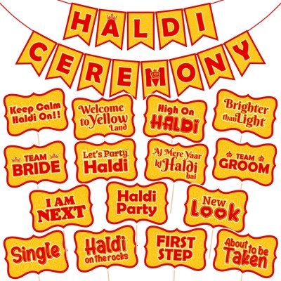 ZYOZI 15 Pcs Haldi Props for Bride and Family 1 Pcs Haldi Ceremony Banner Mehandi(Set of 16)