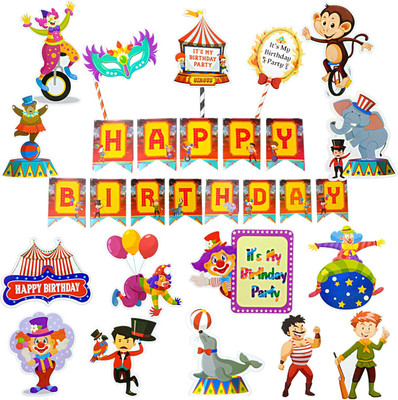 FLICK IN Happy Birthday Circus Banner Circus Theme Birthday Animal Joker Cutouts Props(Set of 17)