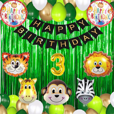 Kapoor stores No 3 Gold Balloons with Jungle Theme Birthday Decoration Kit Items Set for Kids(Set of 63)