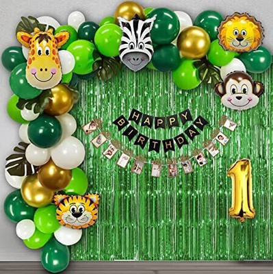 Tejal Trader Forest/Jungle Theme 1st Birthday Decoration Kit with photo banner and leaves(Set of 72)