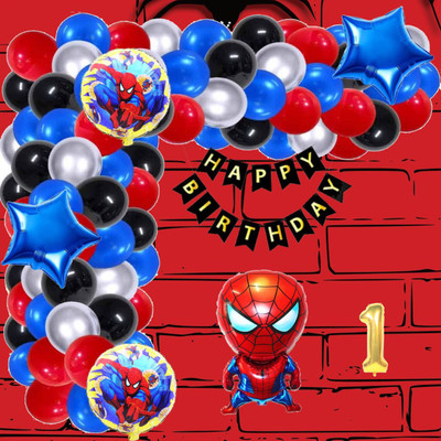 Aoes Spider-Man Theme 1st Birthday Decoration Kit Happy Birthday Banner & Balloons(Set of 59)