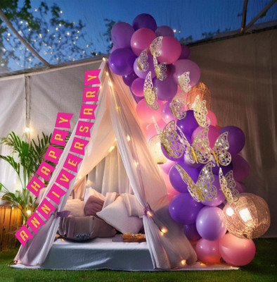 SKYWINS Anniversary Decoration Items With Curtain-Butterfly Theme Purple Balloons(Set of 57)