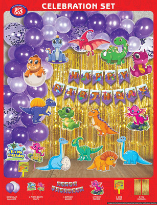 Maa Arts And Crafts Dinosaur Birthday Decoration kit - 53 Pcs |Banner, Balloons, Cake Topper,Curtain
