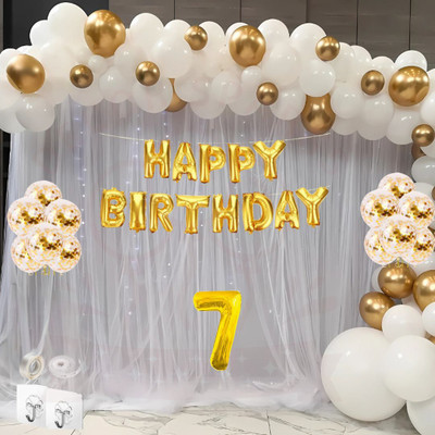 DECOR SPARKS 83pcs 7Year Birthday White Gold Balloons, Banner, Lights & Curtains(Set of 1)