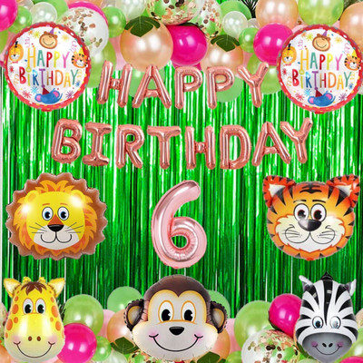 Prihit FK_N-No 6 Rose Gold Balloons with Jungle Theme Birthday Kit Items for Kids(Set of 64)