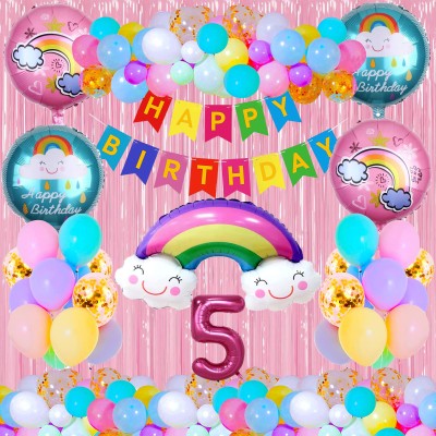 Crazykart 5th Fifth Five Happy Birthday Rainbow Theme Combo Kit For Party Decoration Item(Set of 39)