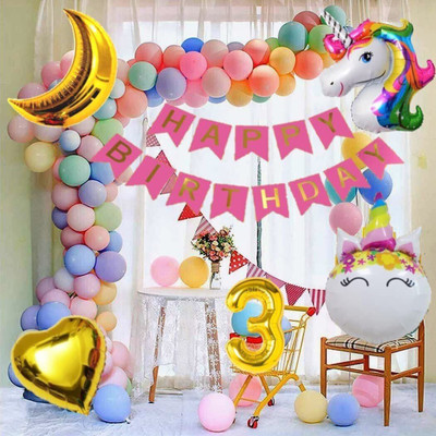 LitTOLS No 3 Gold Balloons with Unicorn Theme Birthday Decoration Items or Kit Pink Set