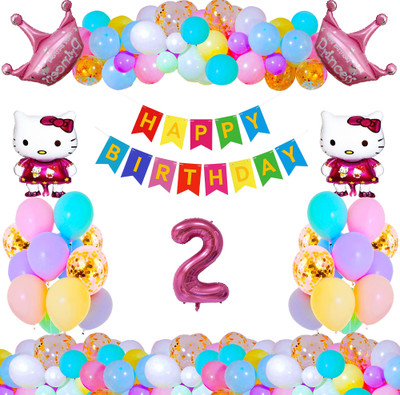 Crazykart Hello Kitty Princess Crown Second 2nd Happy Birthday Decoration Combo Kit Party(Set of 36)