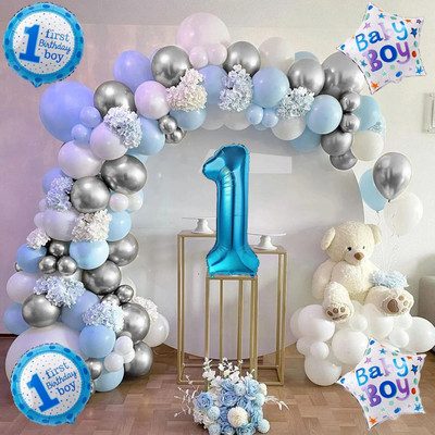 Aoes 1st Birthday Decoration Kit for Baby Boy – Blue, White & Silver Balloons Garland(Set of 37)