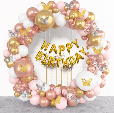 ANILOONS Rose Gold and Gold with Butterflies, Golden Happy Birthday Banner(Set of 82)
