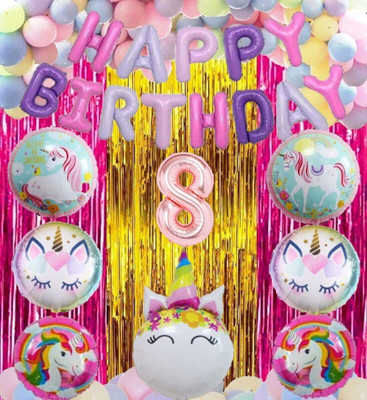Prihit FK_N-No 8 Rose Gold Balloons with Unicorn Party Theme Birthday Items Kit(Set of 64)