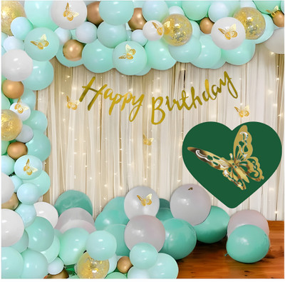 FOOGAA Birthday Decorations kit of Emerald Green Gold Balloon with 3D Butterfly Net LED(Set of 68)