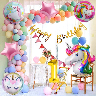 Prihit No 1 Gold Balloons with Unicorn Party Theme Birthday Decoration Items Set Kit(Set of 50)