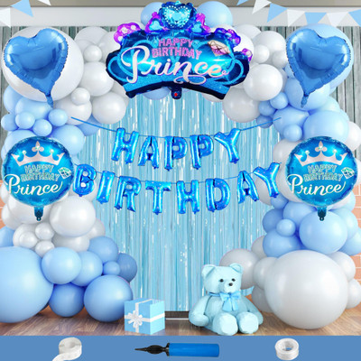 Choice Corner Blue Happy Birthday Prince Decoration Items Combo Blue And White Balloons(Set of 111)