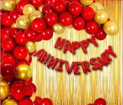 Prihit Red Golden Theme Anniversary Decoration Items Kit Combo For Husband & Wife(Set of 32)