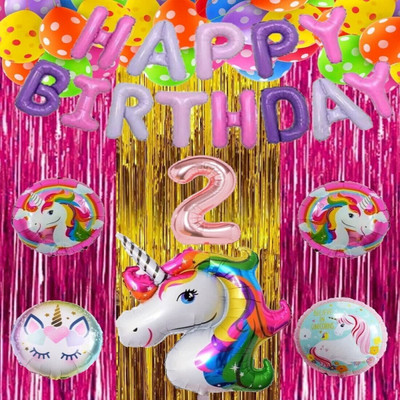 Prihit No 2 Rose Gold Balloons with Unicorn Theme Birthday Decoration Kit Items Set