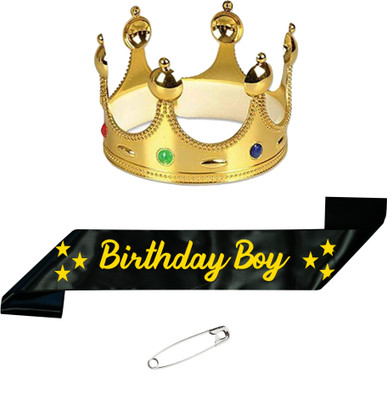 Decofy King Crown & Premium Black Birthday Boy Sash For Boys & Mens With Pin(Set of 3)