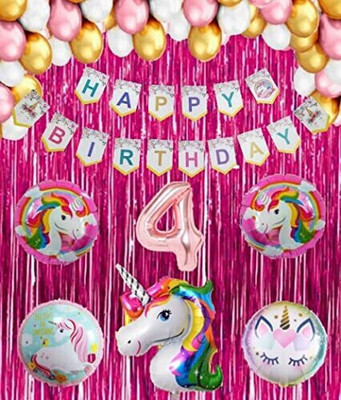 Rainy Decor New_N-No 4 Rose Gold Balloon with Unicorn Theme Birthday Kit Items for Girl(Set of 50)