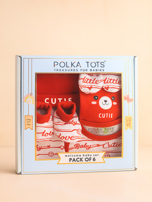 POLKA TOTS Premium 6-Piece New-Born Baby Gift Set – Cotton | Unisex | Gift-Ready-Red(Set of 6)