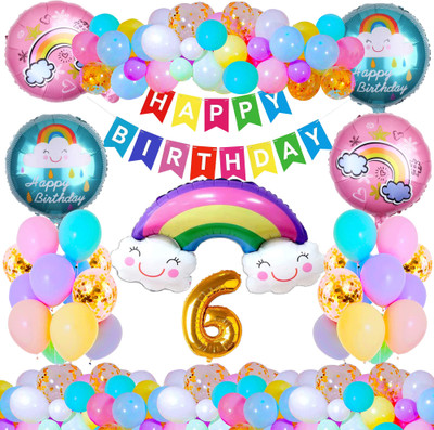 Crazykart 6th Sixth Six Happy Birthday Rainbow Theme Combo Kit For Party Decoration Items(Set of 37)