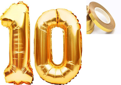 Raaz Baaz NEW-Solid Golden '10' number Numerical Foil Balloon with Ribbon for Celebration(Set of 3)