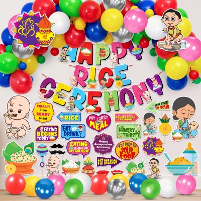 ZYOZI Annaprashan Cardstock with Happy Rice Ceremony Banner & Balloon,Photo Booth Prop(Set of 74)