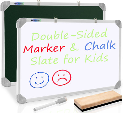 Eduway Non Magnetic 2 in 1 Learn N Write 1x1.5 Feet Slate for Kids | With Wooden Duster & Marker | Double Sided Front for Chalk & Reverse Dry Erase Marker Board (30x45 Cms) Whiteboards(Green, White)