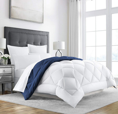 Texlux Solid Single Comforter for  Heavy Winter(Polyester, White:Dark Blue)