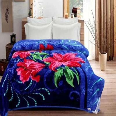 LA VERNE Floral Double Mink Blanket for  Heavy Winter(Woollen Blend, Blue)
