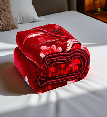 GKM Floral Single Mink Blanket for  Heavy Winter(Microfiber, Red, White)