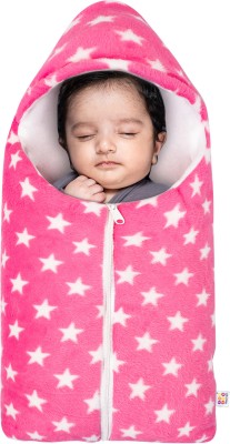 BeyBee Printed Single Hooded Baby Blanket for  Mild Winter(Woollen Blend, Star Pink-Zip)