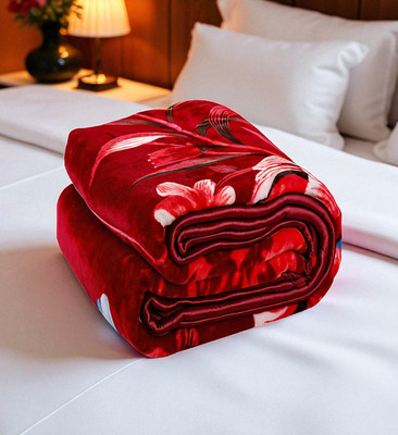 GKM Floral Double Mink Blanket for  Heavy Winter(Microfiber, Red, White)