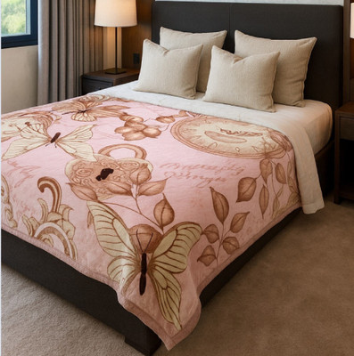 RAJASTHAN HANDLOOM Abstract Double Mink Blanket for  Mild Winter(Polyester, Baby Pink With Floral Print)