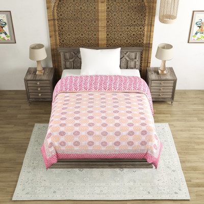 Blocks Of India Printed Single Quilt for  Mild Winter(Cotton, Pink)